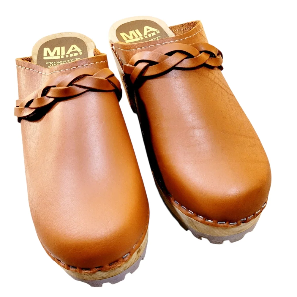 MIA Sweden ELSA Leather Heeled Clogs Mules In Luggage Brown Braided Detail 8 - Picture 4 of 14
